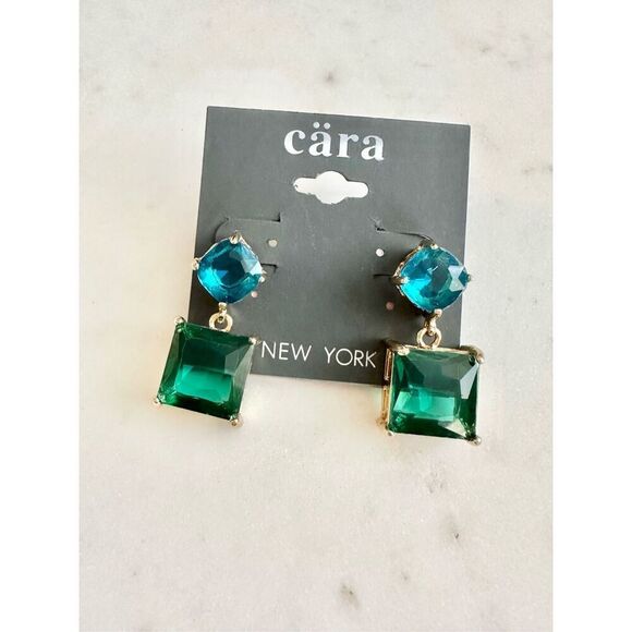 Bright blue and emerald green rhinestone dangle earrings - Picture 2 of 4